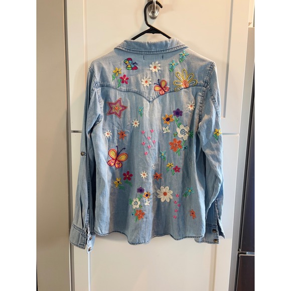 BILLY T Embellished Denim Shirt Butterflies Flowers Stars Button Down Top Women - Picture 5 of 16